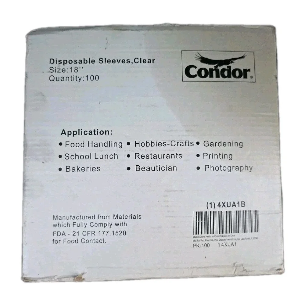 NEW IN BOX Condor 100 Disposable 18‎ Inch Clear Sleeves 4XUA1B